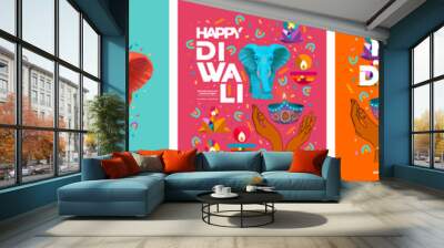 Happy Diwali. Indian festival of lights. Vector abstract flat illustration for the holiday, lights, elephant and other objects for background or poster.
 Wall mural