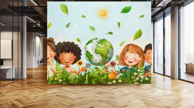 Happy Earth Day. Children's cute  illustration of kids of different nationalities and races care about the ecology of planet Earth and the environment. Hand drawn illustration for banner, greeting  Wall mural