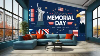 Happy Memorial Day. Vector modern flat illustration of USA objects, eagle, star, ribbon, Statue of Liberty, logo, flower poppy and icons for banner, invitation, flyer, background or greeting card Wall mural