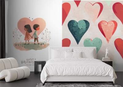 Happy Valentine's Day! Vector cute watercolor illustrations of boy and girl in love, cake and pattern with heart for greeting card, poster or background Wall mural