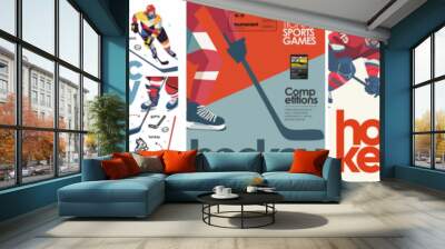 Hockey. Vector modern illustration of hockey player, match or tournament on ice, puck, stick, skates for poster, background, flyer or leaflet Wall mural