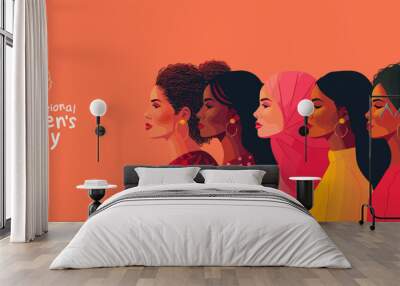 International Women's Day. March 8. Vector illustration of a group of women of different nationalities and races, symbolizing unity, unity and feminine strength and solidarity for banner, poster or ba Wall mural