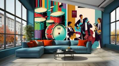 Music, Musical group at the festival or concert
Vector illustration of people, musicians playing musical instruments: guitar, drums, cello, saxophone, electric guitar for retro poster or invitation  Wall mural