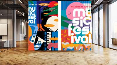 Music festival.Vector illustrations of musicians, people and musical instruments: drums, cello, synthesizer, tape recorder for poster, flyer or background Wall mural