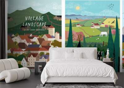 nature, village, country, city landscapes. vector illustration of natural, urban and rustic backgrou Wall mural