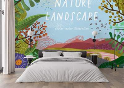 nature landscape. vector background illustration with hills, road, plants and flowers. summer or spr Wall mural