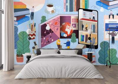 people communicate and gain knowledge through books, the internet and the phone. vector illustration Wall mural