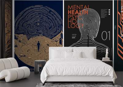 Psychology, psychiatry and mental health. Vector philosophic line illustration of man, searching for the meaning of life, labyrinth, fingerprint and life path for poster, magazine cover and background Wall mural