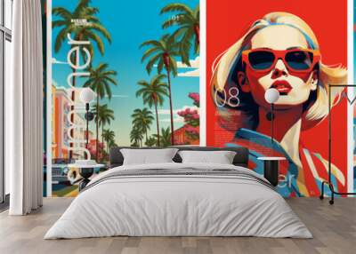 Retro-styled vector summer posters featuring vibrant cityscapes, a stylish woman, and exotic beach scenes.  Illustration for card, poster, banner, flyer, brochure or background. Wall mural