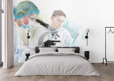 science medical laboratory, watercolor illustration of doctors looking in a microscope, scientific e Wall mural