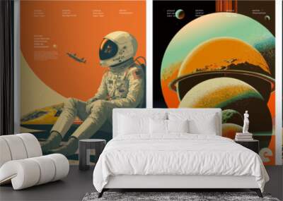 Space, science fiction, future. Vector retro illustrations of astronaut, galaxy, planet, moon, space objects for poster, background or cover Wall mural