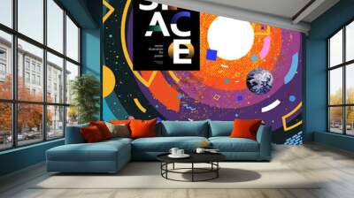 Space and astronaut banner template. Vector illustration of cosmonaut stands on surface, planets, solar system, abstract bright design of the galaxy universe. Drawings for poster, banner or postcard Wall mural