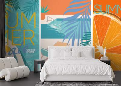 Summer, sun and sale. Vector minimalistic illustration of sun rays, swimming pool with sun lounger and umbrella and tropical palm leaf, orange and sea beach with sand for background, flyer, poster or  Wall mural