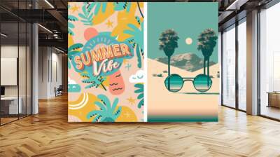 Summer vibe. Vector illustrations of sunglasses, t-shirt print, pattern, resort and landscape for background, poster or flyer Wall mural