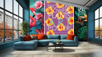 Tropical flowers, plants, leaves and flamingos. Vector illustration of exotic pattern, Hawaiian flowers for background, wallpaper or poster Wall mural