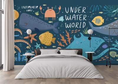 Underwater world! Vector cute illustration ocean or sea with octopus, whale, narwhal, jellyfish, various fish, water marine animals and plants isolated objects set. Drawings for banner, card, postcard Wall mural