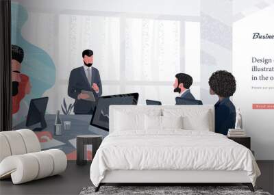 Vector illustration for business and finance. Successful team leader and business owner leading   business meeting. Businessman working on computer in foreground.  Wall mural