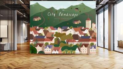 Vector illustration of a village town in Europe, cityscape with houses, mountains and trees, background for poster, covers, cards, banner Wall mural