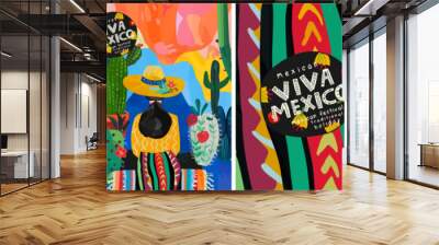 Viva Mexico. Vector cute abstract illustration of Mexican street in Mexico City, Woman in sombrero, cactus, traditional pattern or ornament for Cinco de Mayo greeting card, poster or background Wall mural