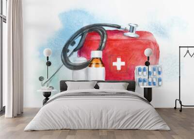 watercolor illustration of medical objects: first-aid kit, pills, stethoscope, drugs for the treatment of diseases Wall mural