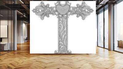 Christian wooden cross with heart and floral ornamental. Easter, symbol of Christianity,. hand drawing vintage engraving style illustration Wall mural