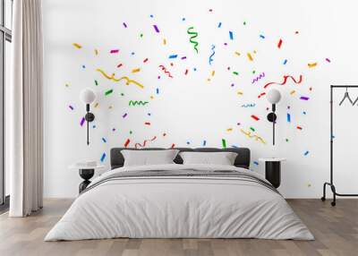 Colorful confetti celebration design isolated on white background. Ribbon decoration element. Holiday, birthday and party. Vector illustration Wall mural