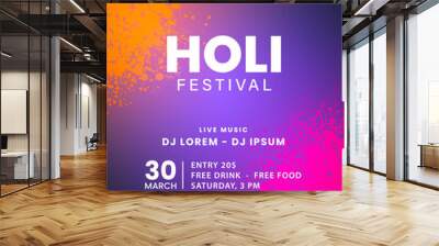 Holi festival poster design. Colorful Holi celebration flyer template. Indian Festival of Colors. Vector illustration Wall mural