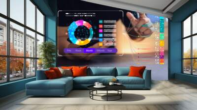 Businessman and big data technology. Scientist computing, analysing and visualizing complex data set on smartphone. Data mining, artificial intelligence, machine learning, business science analytics. Wall mural