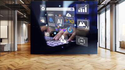 Businessman is using AI through his laptop computer in office to help him analyze data or generate virtual images and using big data as well as operating machines or information in the cyber system. Wall mural