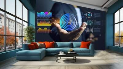 Data visualization concept. Programmer holding donut chart data in his hand to summarize large amount of data in easily to understand by using AI as assistant Wall mural