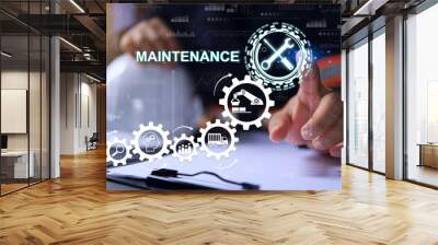 Maintenance engineer working on desk and pointing gears graphic signifies maintenance or inspection of machinery according to service intervals periods and corrective and preventive maintenance. Wall mural