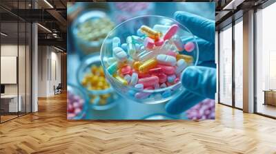 A collection of colorful capsules in a lab dish, showcasing pharmaceutical variety and research in a scientific laboratory. Wall mural