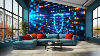 Digital shield protecting binary code, symbolizing cybersecurity, data protection, and secure technology infrastructure in a virtual environment. Wall mural