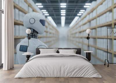 Futuristic Warehouse with Robot Automation and Package Sorting Wall mural