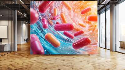 Pills flowing through a colorful liquid. Wall mural