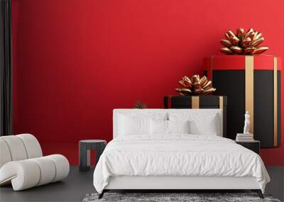 Red Background with Black and Gold Gift Boxes Wall mural