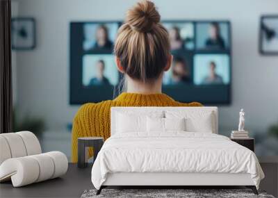 Woman in Yellow Sweater on Video Conference Call Wall mural