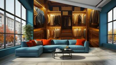 Huge men wardrobe interior design, brown themed, well lighted Wall mural