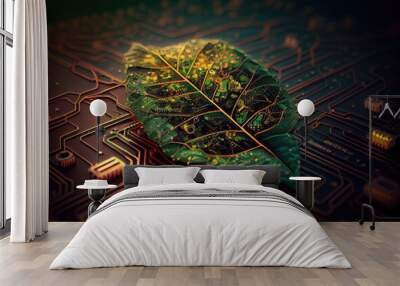 Circuit board for green environment technology concept. generative ai	
 Wall mural