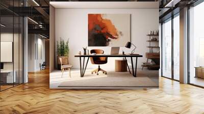 Home office for workspace and relax mode by interior design with desk, armchair, pc and stylish personal accessories for contemporary style Wall mural