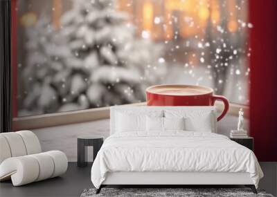 Hot drink in red cup on table near window view with snowy in winter season,New year and Christmas day. Generative Ai Wall mural