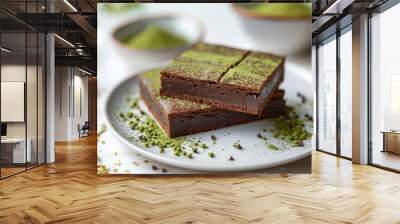 Matcha green tea brownie on plate for dessert concept. Wall mural