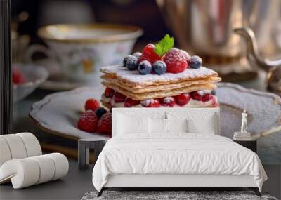 Mille-Feuille dessert on plate for selling premium dessert on restaurant elegant blurred background. Wall mural