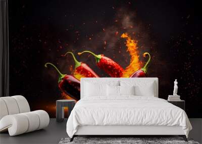 Red hot chili pepper burns on black background. ai generated Wall mural