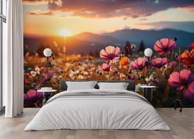 Sky sunset and green hill mountains with beautiful flowers meadow are wonderful places. Generative Ai	
 Wall mural