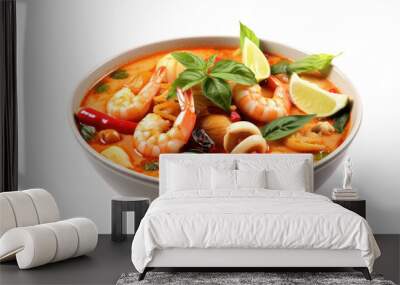 Tom Yum Kung or spicy prawn soup for famous Thai food in white bowl top view on transparent background. Generative Ai Wall mural