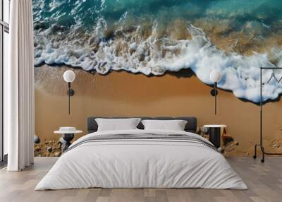 Top view of sea and sand on the beach with starfish beautiful wave ocean. Generative Ai Wall mural