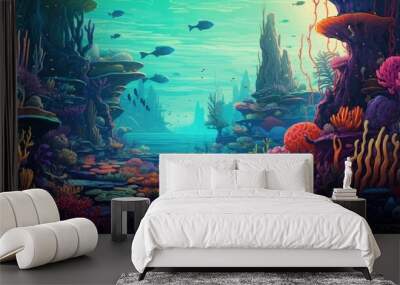 Undersea with beautiful reef coral and fishes. Generative Ai Wall mural