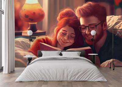 Young man and his girlfriend reading a book so happy on bed for valentine's day concept,ai generated Wall mural