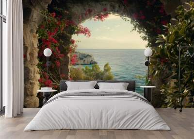 A beautiful garden with a blue ocean in the background Wall mural